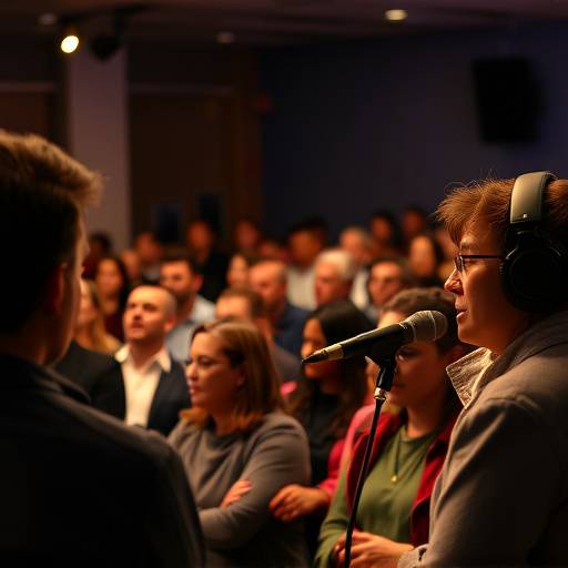 A diverse audience listening attentively to a live podcast recording