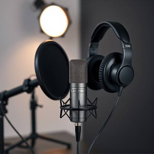 A professional podcasting microphone setup with headphones and a sound dampening shield