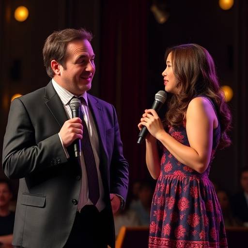 Episode thumbnail: Ben Miller and Sarah Chen performing a comedy sketch